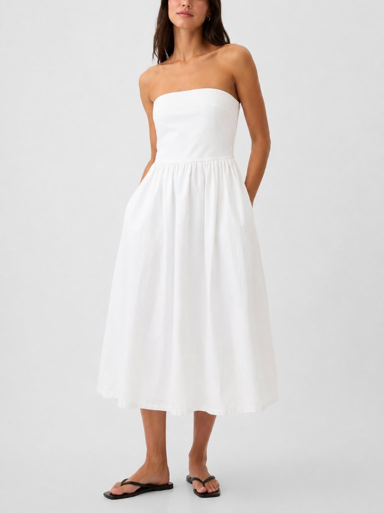Gap Poplin Midi Strapless White Dress Medium